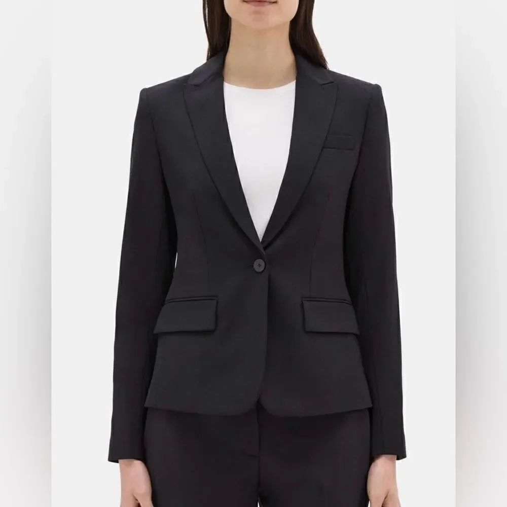 Theory Gabe B Black Wool Blend Slim Fit Single Button Closure Blazer Size 2